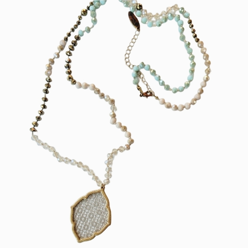 Plunder Design Necklace Womens OS Mint‎ Gold Beaded Filigree Pendant Boho Long